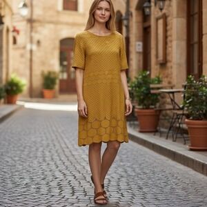RM LL Yellow Laser Cut Polka Dot Scalloped Hem‎ A Line Dress Feminine Size 12